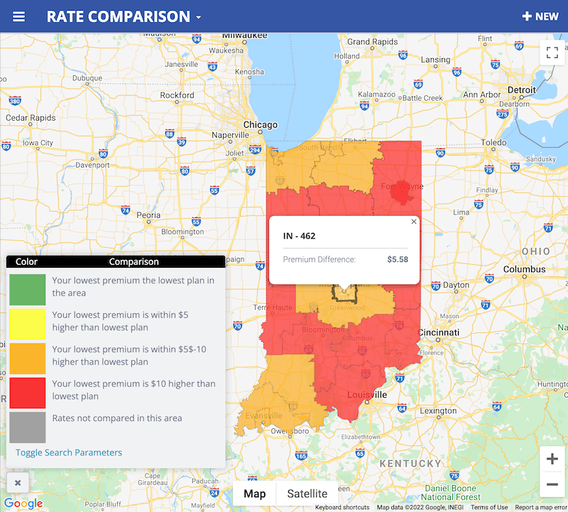 Hover over zip codes to view exact premium difference in Market Edge