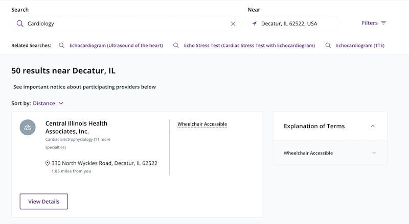 cardiology search on aetna provider tool