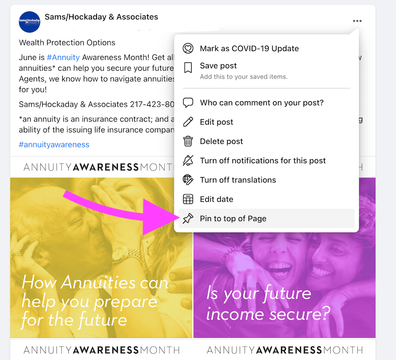pinning a post on facebook business page